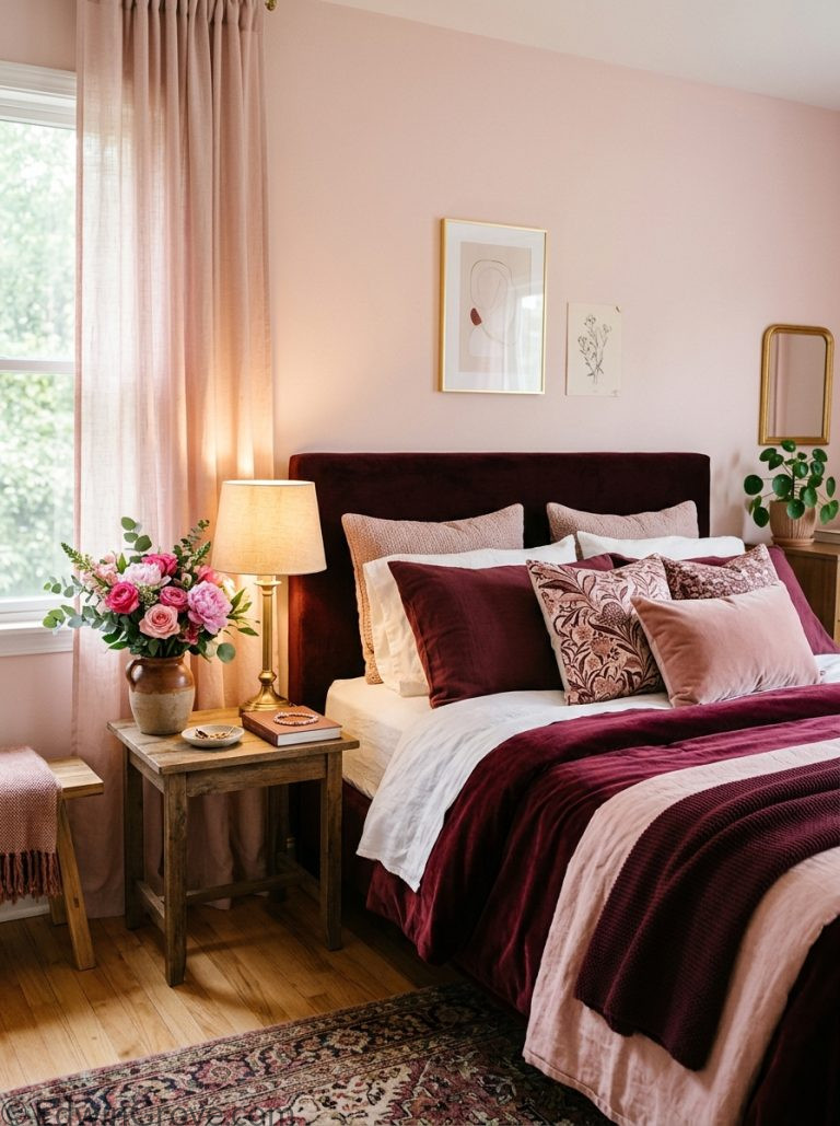 Beautiful burgundy and pink bedroom with rich burgundy blush pink layered bedding warm lamp and fresh pink flowers