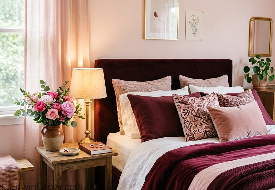 Beautiful burgundy and pink bedroom with rich burgundy blush pink layered bedding warm lamp and fresh pink flowers