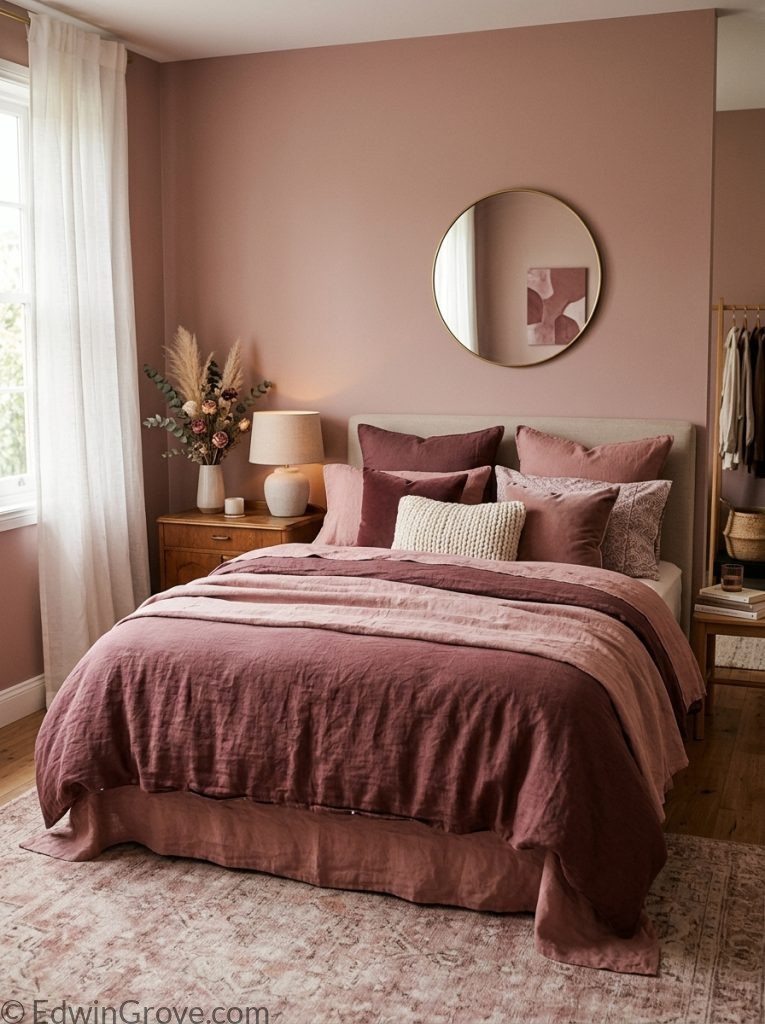 Dusty burgundy and pink bedroom with muted dusty rose burgundy tones layered bedding textured pillows warm lighting and dried flowers 