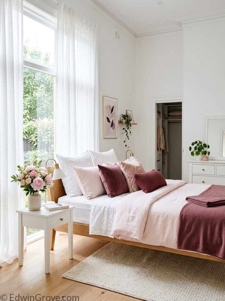  Light airy burgundy and pink bedroom with white walls light pink bedding burgundy pillow accents sheer curtains natural light and fresh flowers