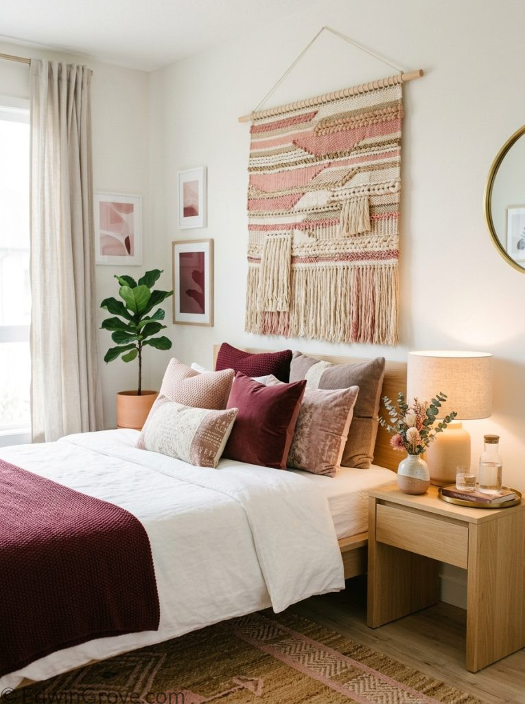 Aesthetic burgundy and pink bedroom with woven wall hanging burgundy blush layered pillows warm lamp and ceramic vase on nightstand