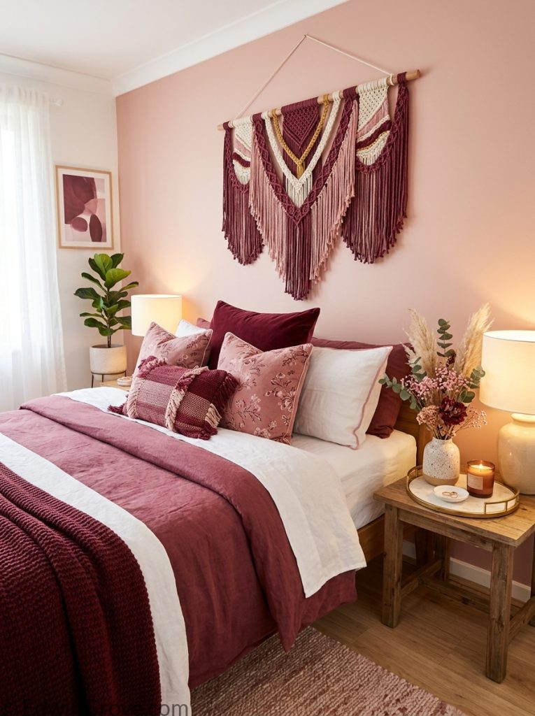 Beautifully decorated burgundy and pink bedroom with wall hanging throw pillows ceramic vase dried flowers warm lamp and decorative tray 