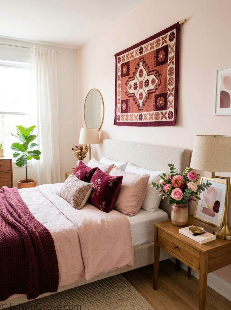 Inspiring burgundy and pink bedroom with layered blush burgundy bedding statement wall hanging warm lamps fresh flowers and carefully chosen accessor