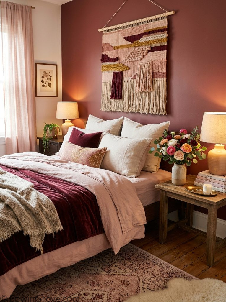 Brown burgundy and pink bedroom with chocolate brown camel burgundy tones blush pink pillows wooden nightstands and warm amber lamps
