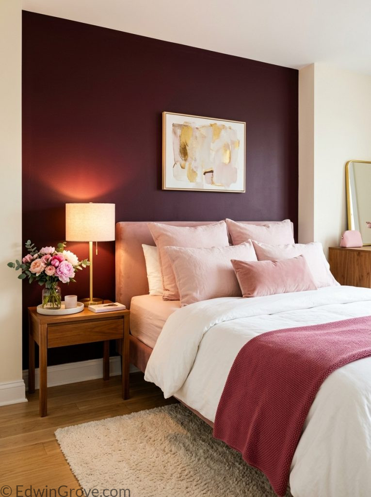 Burgundy and pink bedroom with deep rich burgundy painted walls cream bedding warm lamp and fresh pink flowers on nightstand 