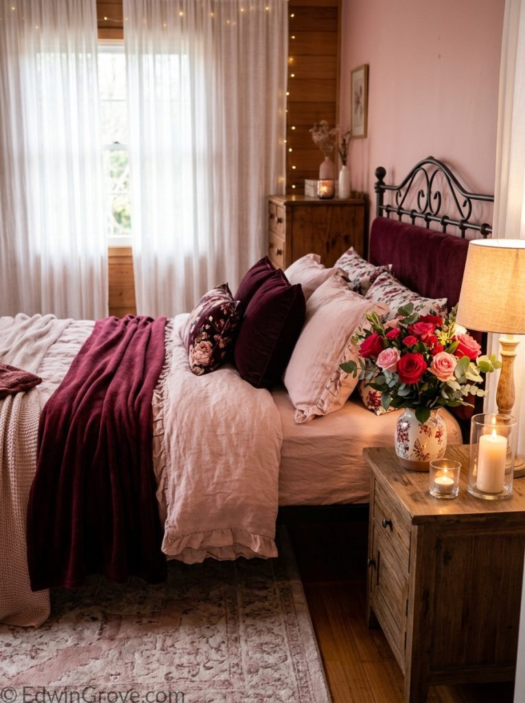  Romantic burgundy and pink bedroom with blush burgundy layered bedding candlelight warm lamp fresh roses and sheer curtain