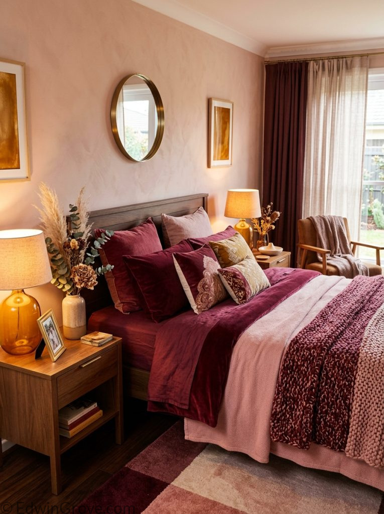  Warm burgundy and pink bedroom with deep burgundy rose pink amber gold tones layered bedding textured throw amber lamps and dried flowers