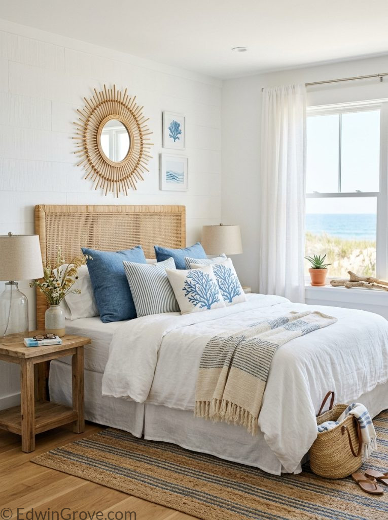 Coastal summer bedroom with blue white linen bedding rattan mirror coastal throw pillows and natural wood accents 