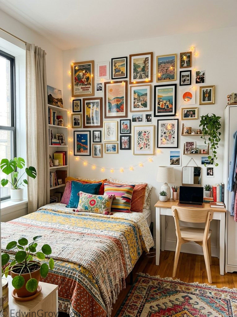  College apartment bedroom with gallery wall posters string lights layered colorful bedding mixed throw pillows and personal desk area 
