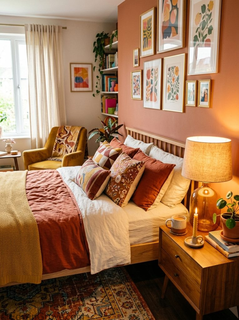 Colorful cozy warm bedroom with terracotta burnt orange mustard yellow cream tones layered bedding warm lamp and candles