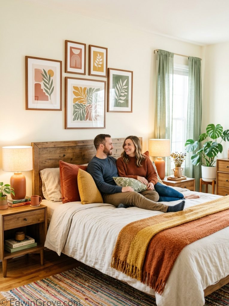  Colorful master bedroom for couples with terracotta mustard sage green accent tones white walls neutral bedding colorful pillows warm throw and matching lamps
