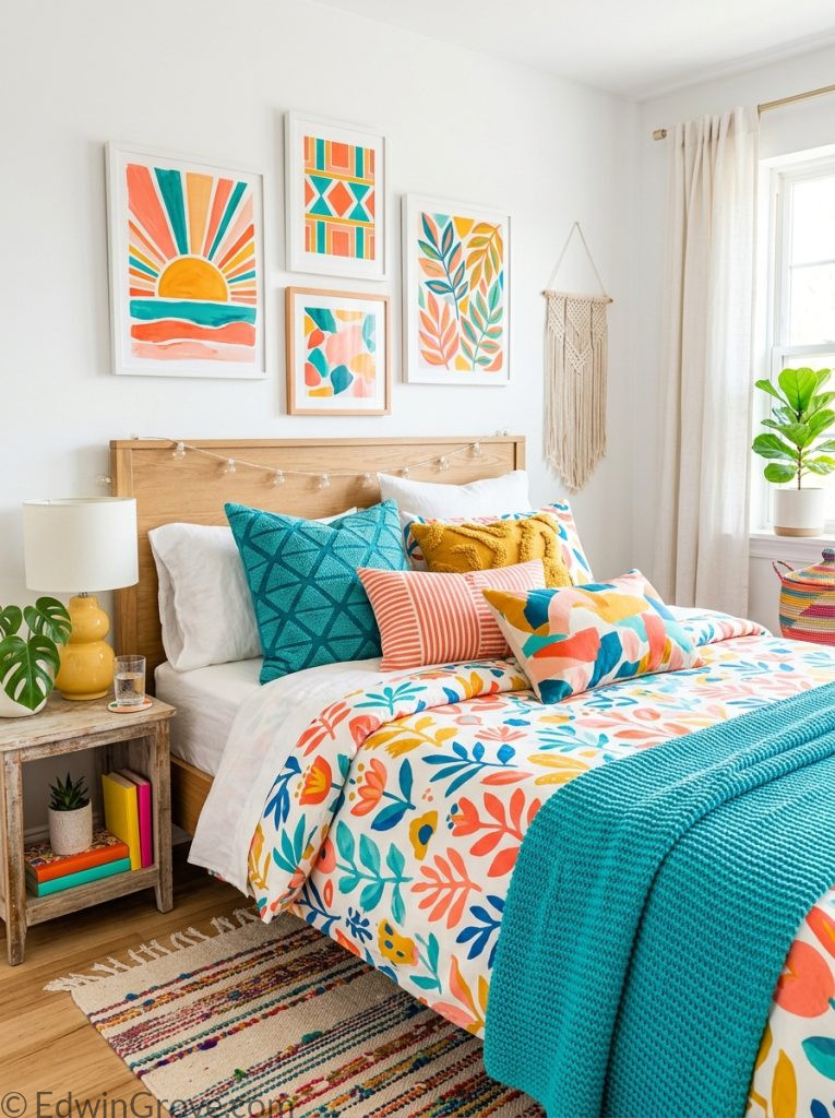  Bold colorful summer bedroom with coral teal yellow bedding throw pillows wall art and white walls as base 