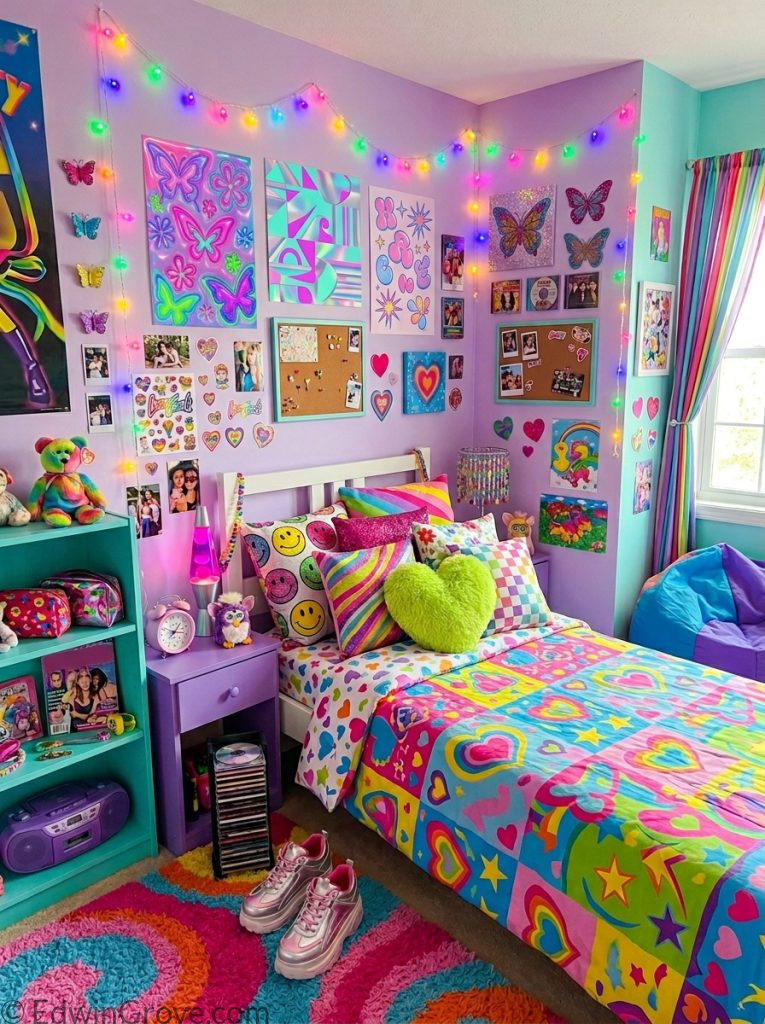  Colorful y2k bedroom with bold pink purple blue lime green tones mixed bedding print pillows rainbow fairy lights and colorful accessories