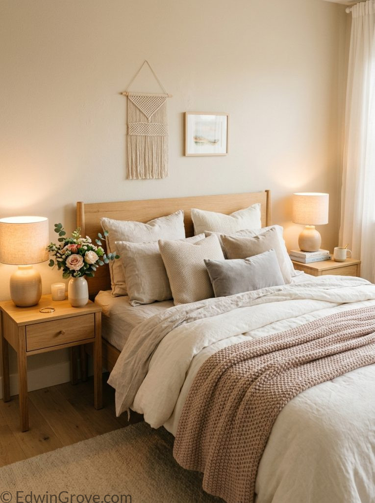 Clean cozy warm bedroom with white cream tones fluffy white duvet warm lamp clean nightstand candle holder and single flower