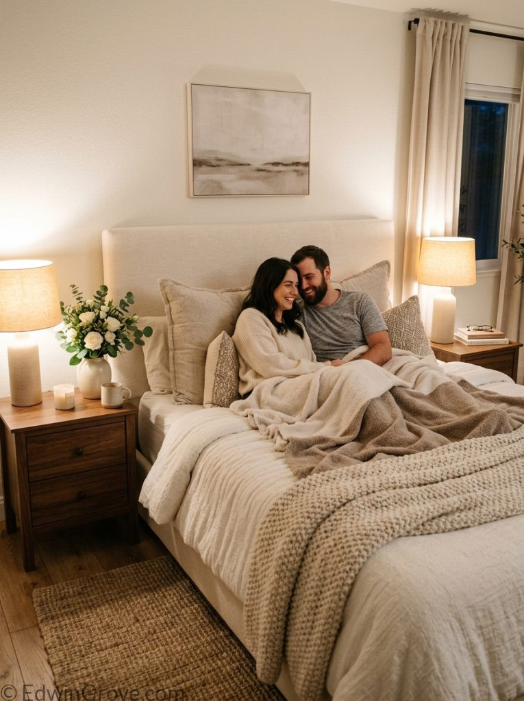Cozy warm couple bedroom with soft neutral tones matching nightstands warm lamps fluffy duvet fresh flowers and book