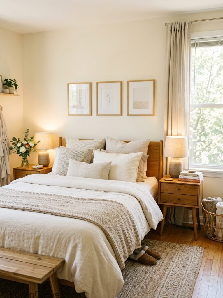 Couples apartment bedroom with warm neutral tones matching nightstands warm lamps layered cream bedding fresh flowers on one side and book stack on other
