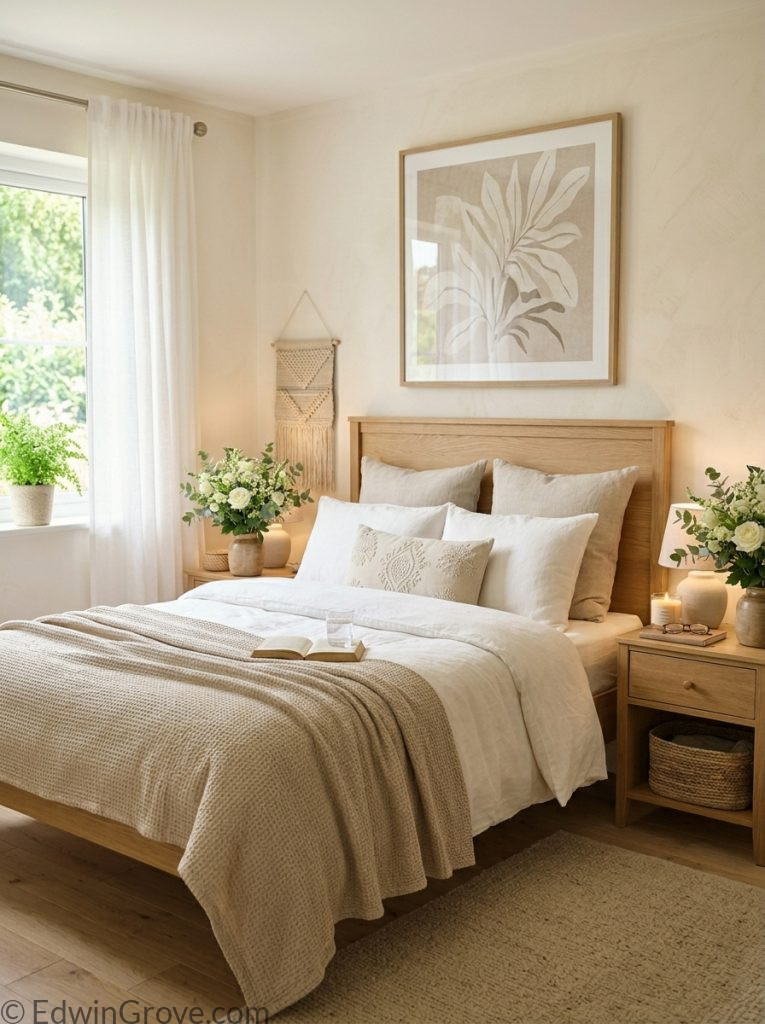 Beautiful couples summer bedroom with soft neutral tones matching nightstands coordinated lamps fresh flowers and linen duvet 