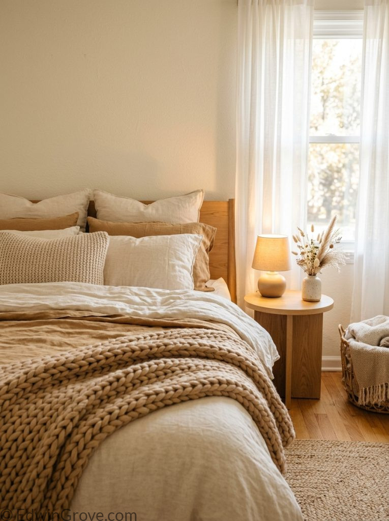 Cozy apartment bedroom with warm cream camel tones layered bedding chunky knit throw warm lamp sheer curtains and dried flowers