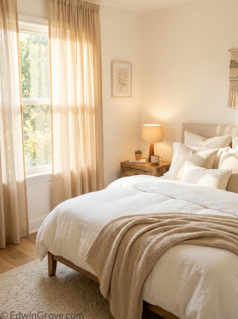 Light cozy warm bedroom with warm white cream tones natural light sheer curtains knit throw white bedding and simple warm lamp