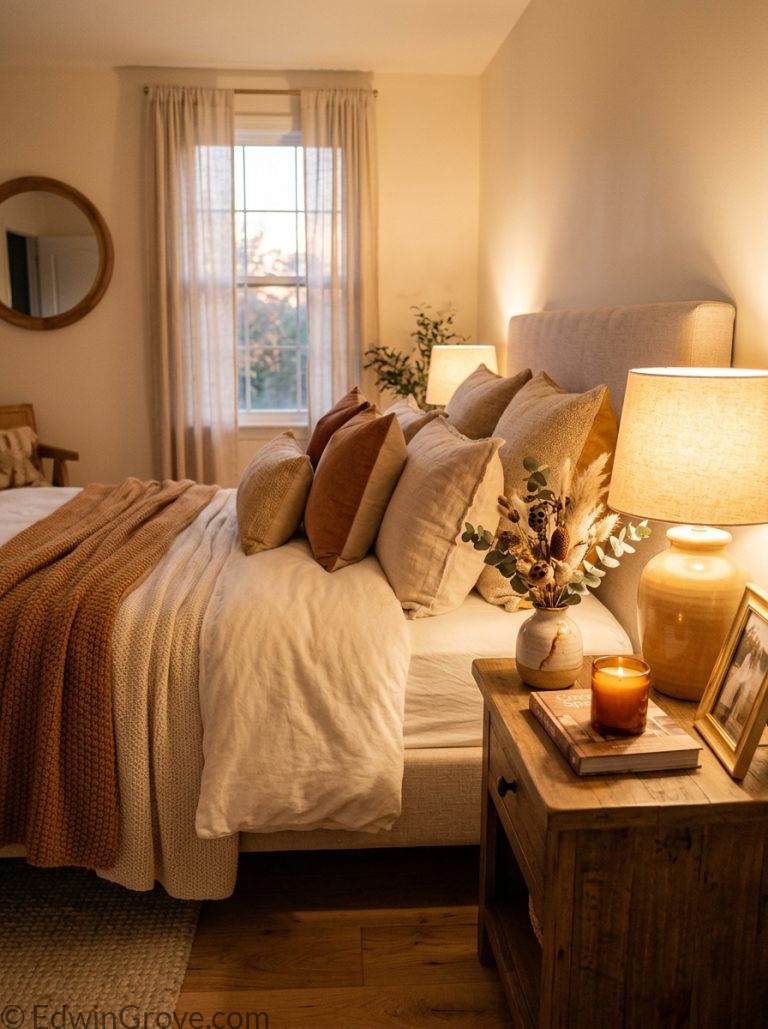 Beautiful cozy warm bedroom with amber cream tones fluffy duvet knit throw warm lamp and ceramic vase on nightstand