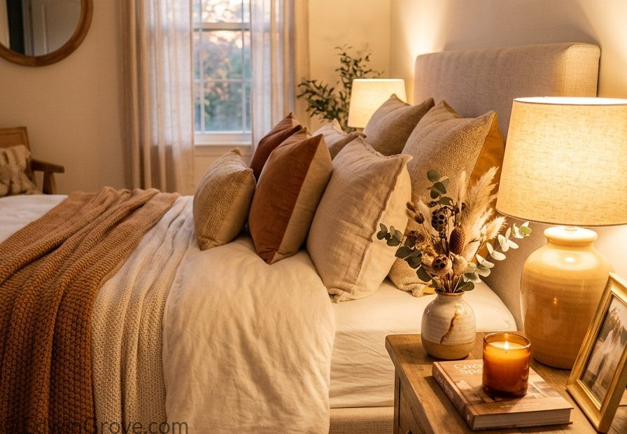 Beautiful cozy warm bedroom with amber cream tones fluffy duvet knit throw warm lamp and ceramic vase on nightstand