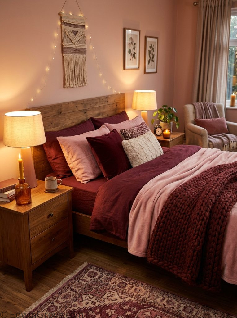  Cozy burgundy and pink bedroom with rich burgundy pink layered bedding chunky knit throw warm glowing lamps and candles 