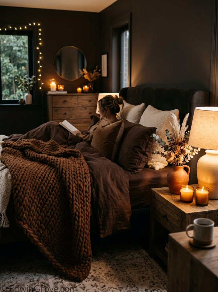 Cozy dark feminine bedroom with dark brown cream tones chunky knit throw dark bedding warm lamp dried flowers and soft candlelight 