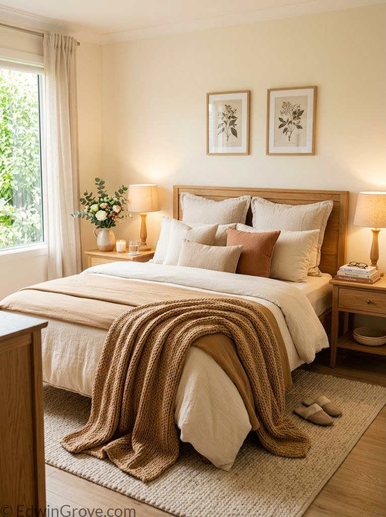 Cozy master bedroom for couples with cream camel tones layered bedding matching warm lamps knit throw fresh flowers and book stack 
