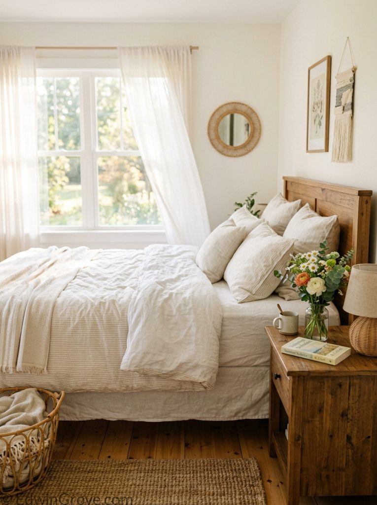 Cozy summer bedroom with soft white linen bedding sheer curtains fresh flowers and warm wood accents
