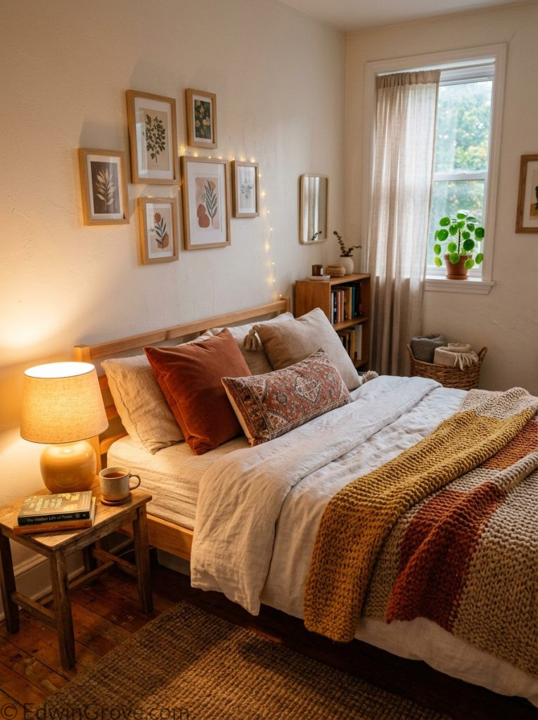 Cozy warm apartment bedroom with warm lighting knit throw warm tone pillows dimmable lamp in small but beautifully styled space