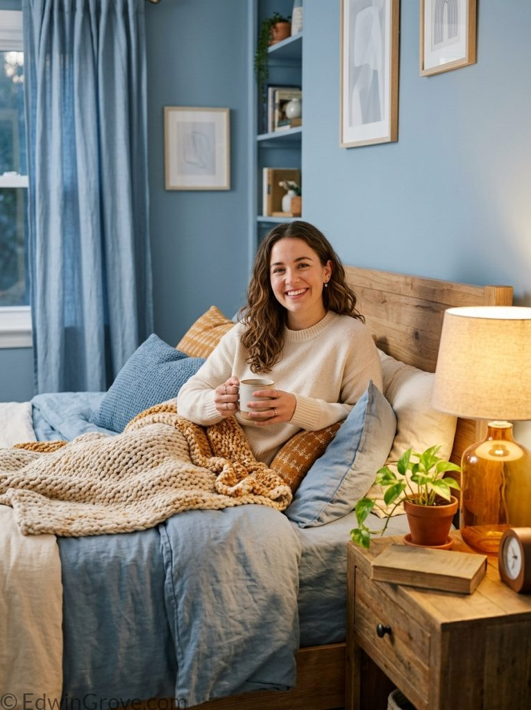 Blue cozy warm bedroom with dusty blue cream amber tones blue cream bedding knit throw and warm glowing lamp