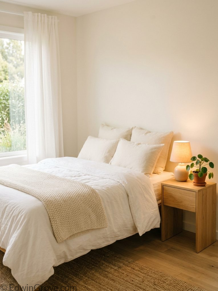 Minimalist cozy warm bedroom with clean warm white cream tones fluffy throw wooden nightstand warm lamp and single plant