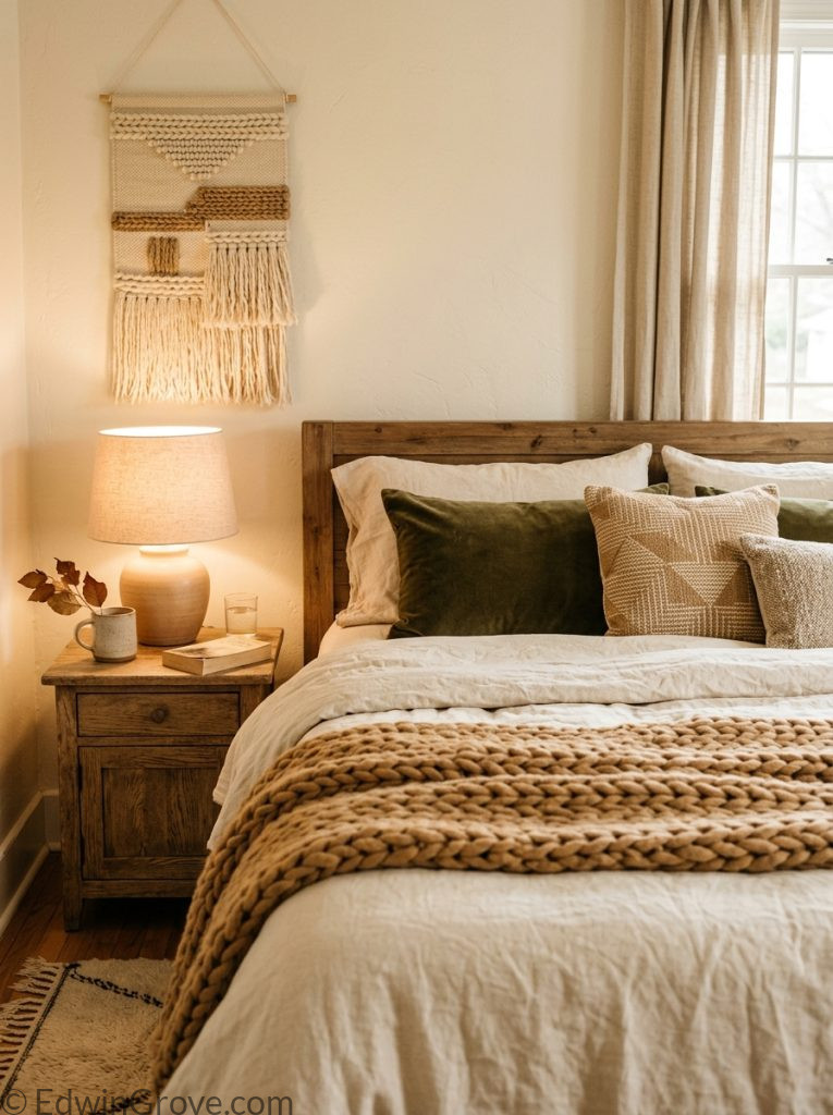 Textured cozy warm bedroom with chunky knit throw linen duvet velvet pillow woven wall hanging warm cream camel tones and glowing lamp