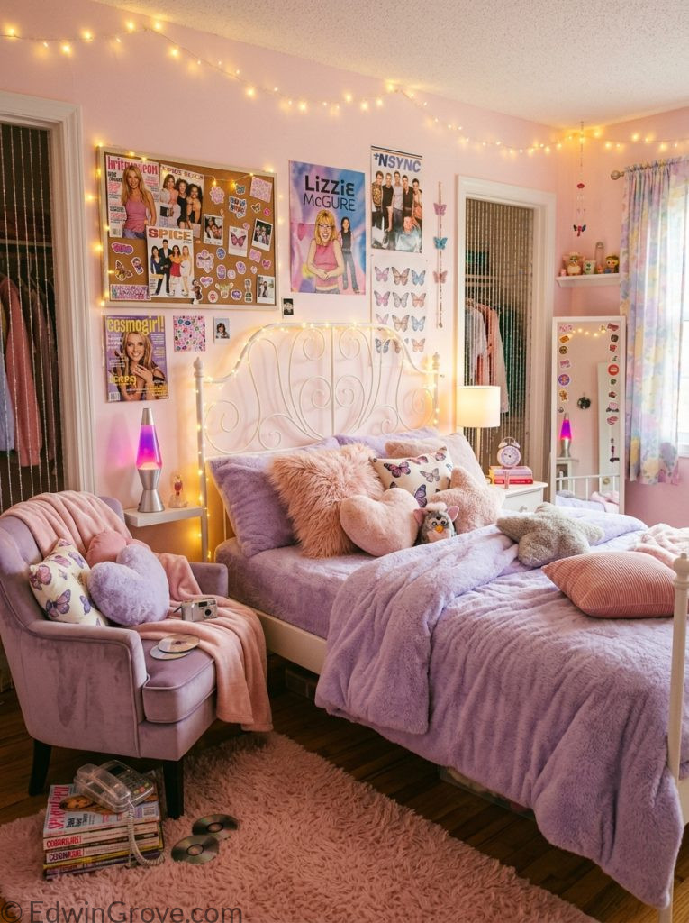 Cozy y2k bedroom with soft pink lavender tones fluffy plush bedding y2k pillows fairy lights around bed frame and cozy reading nook