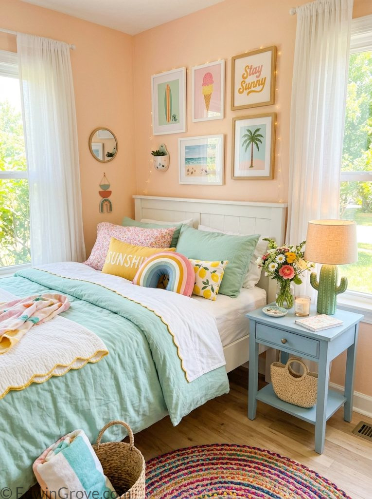 Cute summer bedroom with pastel colors gallery wall summer prints cute bedside lamp fresh flowers and playful accessories 