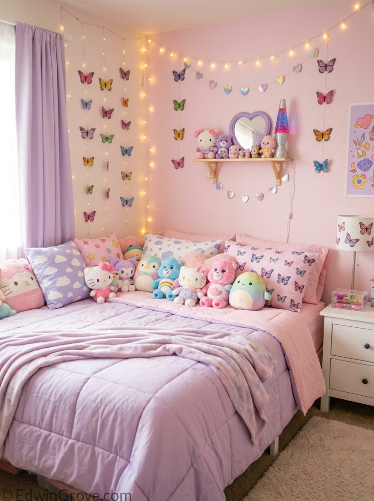 Cute y2k bedroom with pastel pink lavender tones plush toys heart accessories butterfly decorations fluffy bedding and fairy lights
