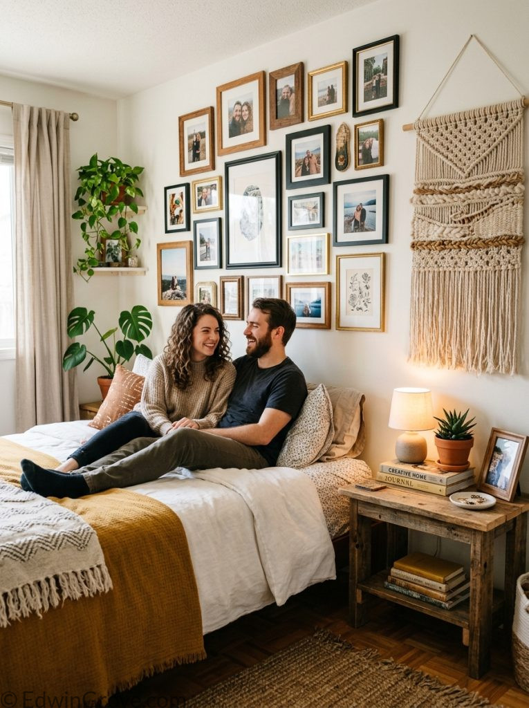  Beautiful DIY master bedroom for couples with handmade gallery wall personal photos woven hanging DIY wooden nightstand styling and warm personal accessories