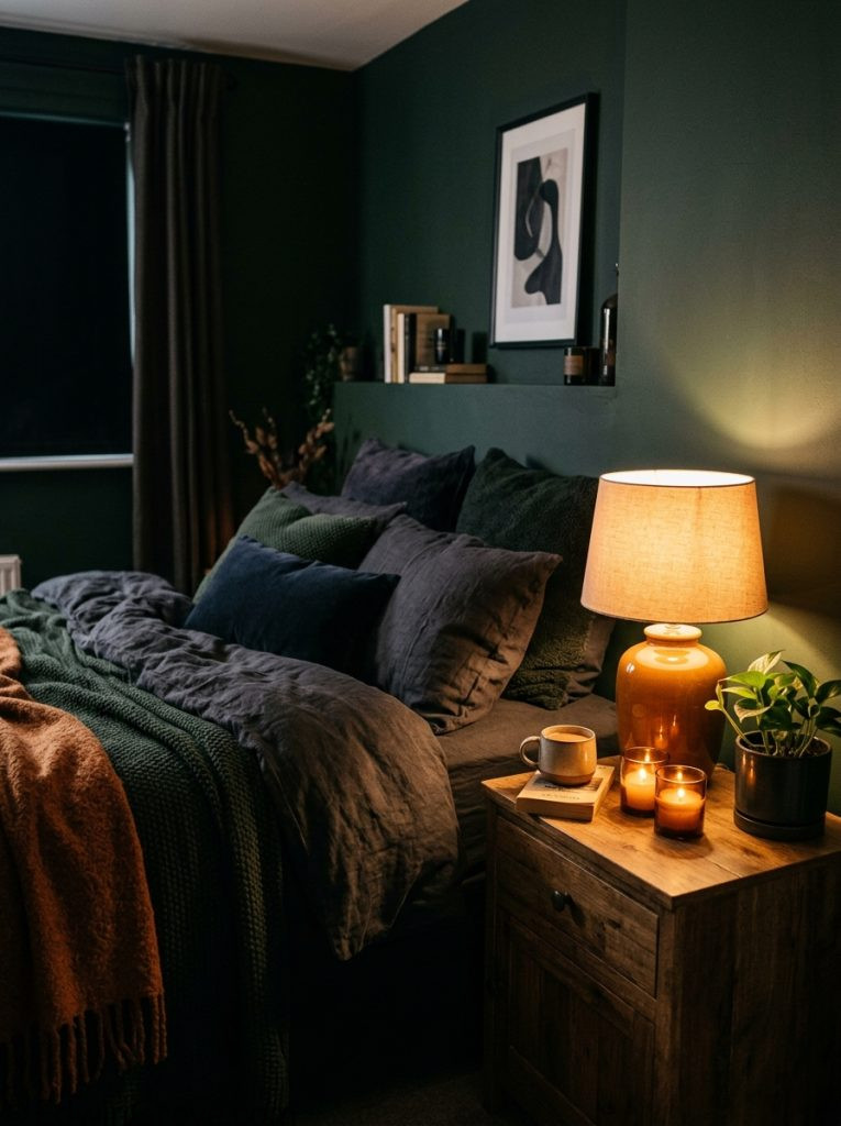 Dark cozy warm bedroom with charcoal navy rich tones amber lamp fluffy bedding layered throws and candles on nightstand