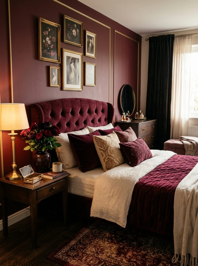Beautiful dark feminine bedroom with burgundy cream tones elegant headboard layered velvet bedding warm lamp and dark roses on nightstand