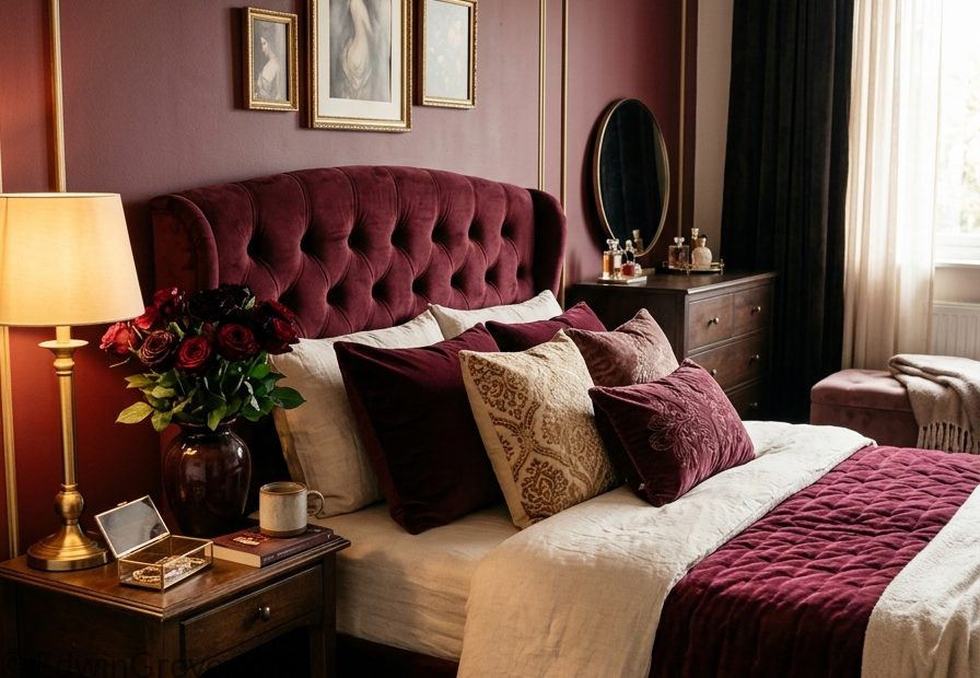 Beautiful dark feminine bedroom with burgundy cream tones elegant headboard layered velvet bedding warm lamp and dark roses on nightstand