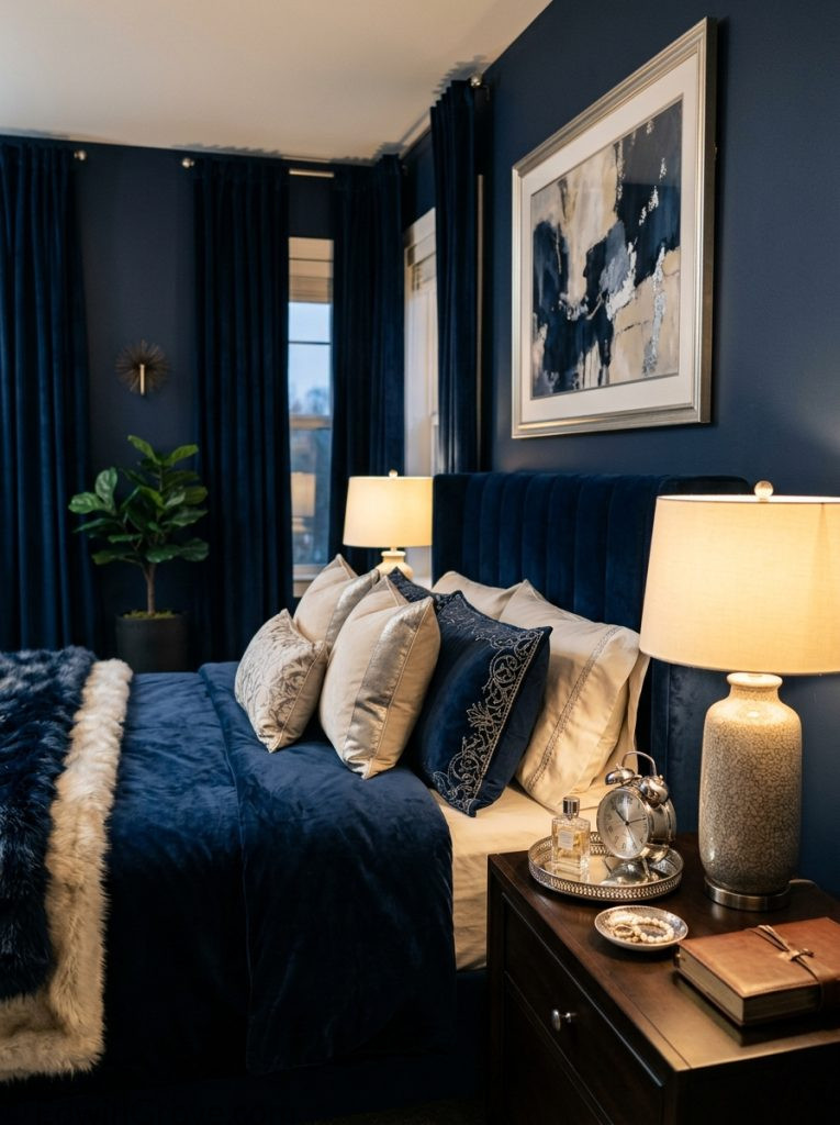 Dark feminine bedroom with deep navy midnight blue cream silver tones navy velvet bedding warm lamp gold silver nightstand accessories 