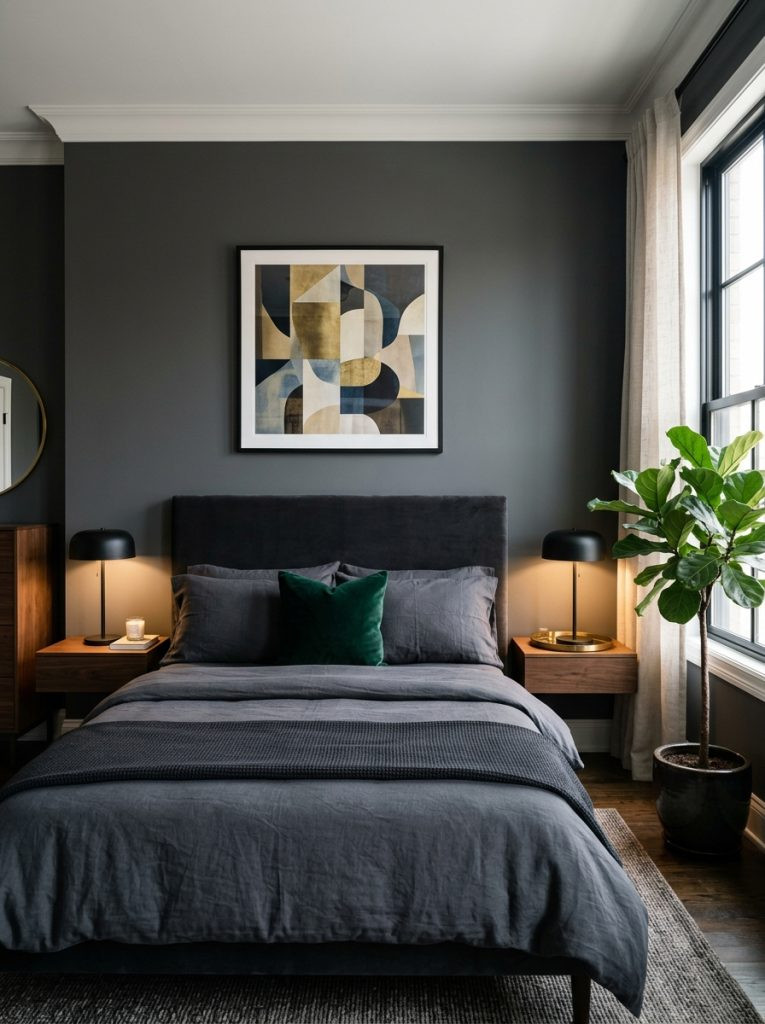 Modern dark feminine bedroom with charcoal black clean lines sleek dark headboard modern lamps statement wall art crisp dark bedding and velvet pillow