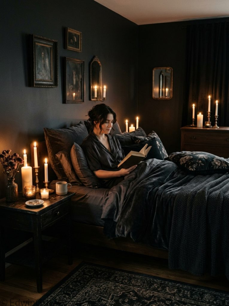 Moody dark feminine bedroom with almost black charcoal tones candlelight layered dark velvet silk bedding and multiple atmospheric candles on nightstand