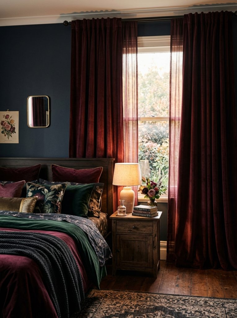 Dark feminine bedroom with dramatic floor-to-ceiling dark velvet curtains in burgundy or forest green soft filtered light dark bedding and warm lamp