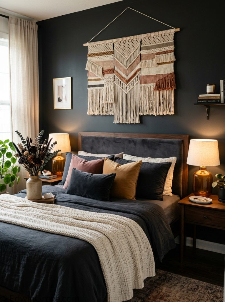 Aesthetic dark feminine bedroom with charcoal cream tones woven wall hanging amber lamps dried dark florals velvet pillows and dark bedding 