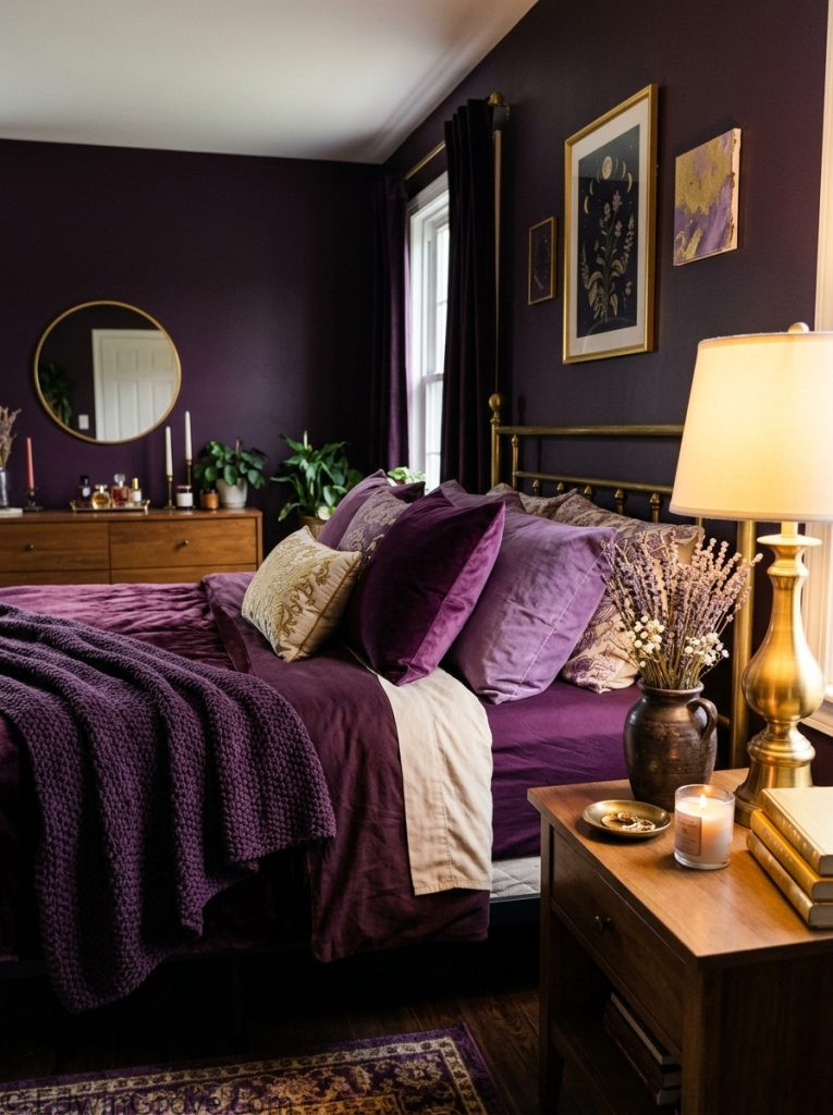 Dark feminine bedroom with deep plum purple tones cream gold accents purple velvet pillows purple throw warm gold lamp and dried lavender 