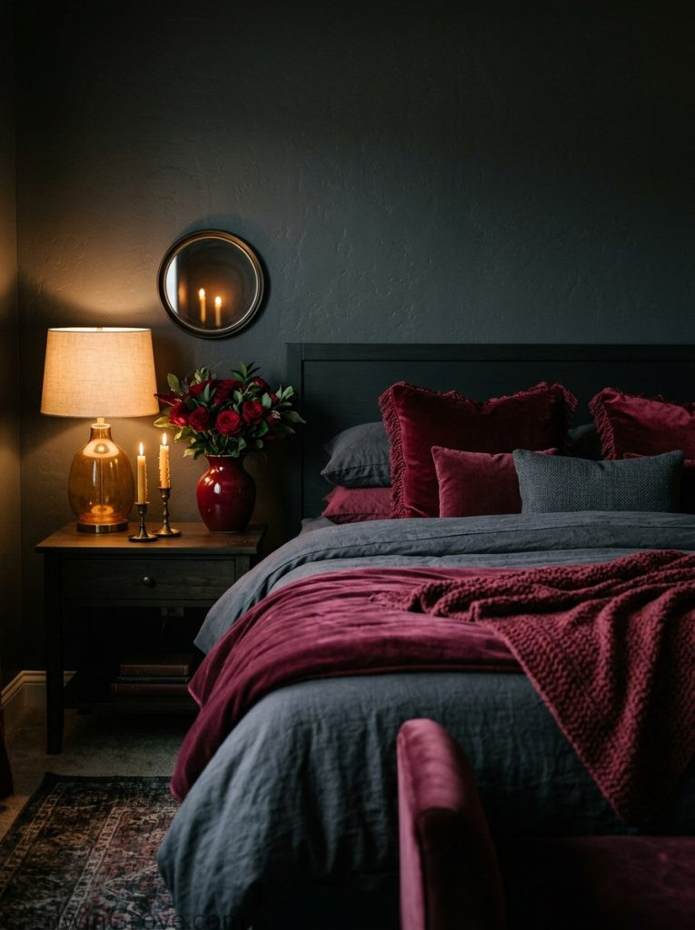  Dark feminine bedroom with burgundy wine red tones charcoal walls red velvet pillows accent blanket candlelight amber lamp and dark red roses 
