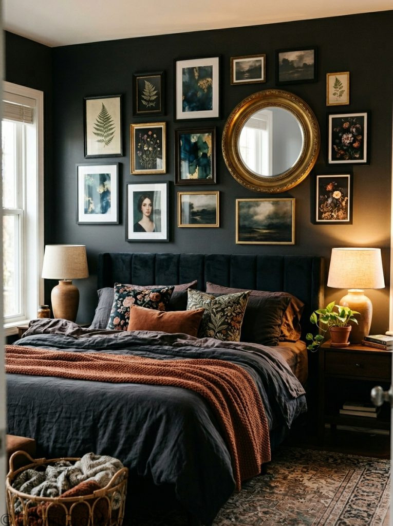 Dark feminine bedroom with curated gallery wall dark frames botanical prints moody art statement mirror dark bedding and warm lamp illuminating display 