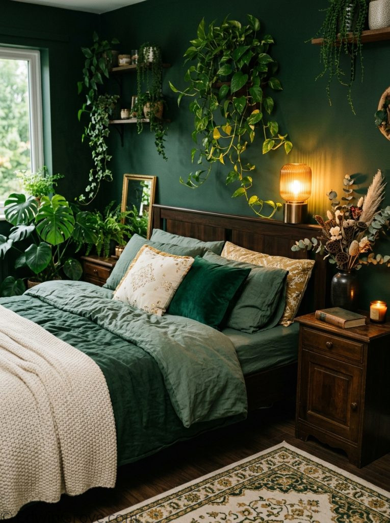 Dark feminine bedroom with forest green tones cream gold accents dark green bedding trailing plants warm amber lamp and dried botanicals