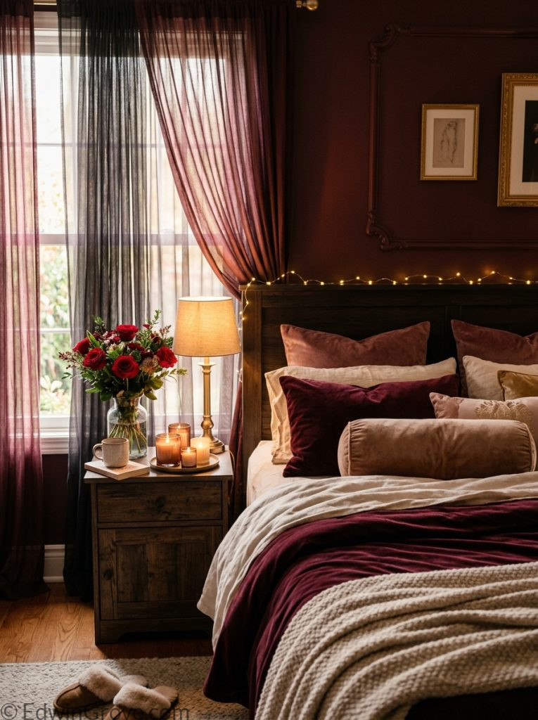  Romantic dark feminine bedroom with burgundy cream tones fresh red roses sheer dark curtains layered velvet bedding candles and warm lamp 